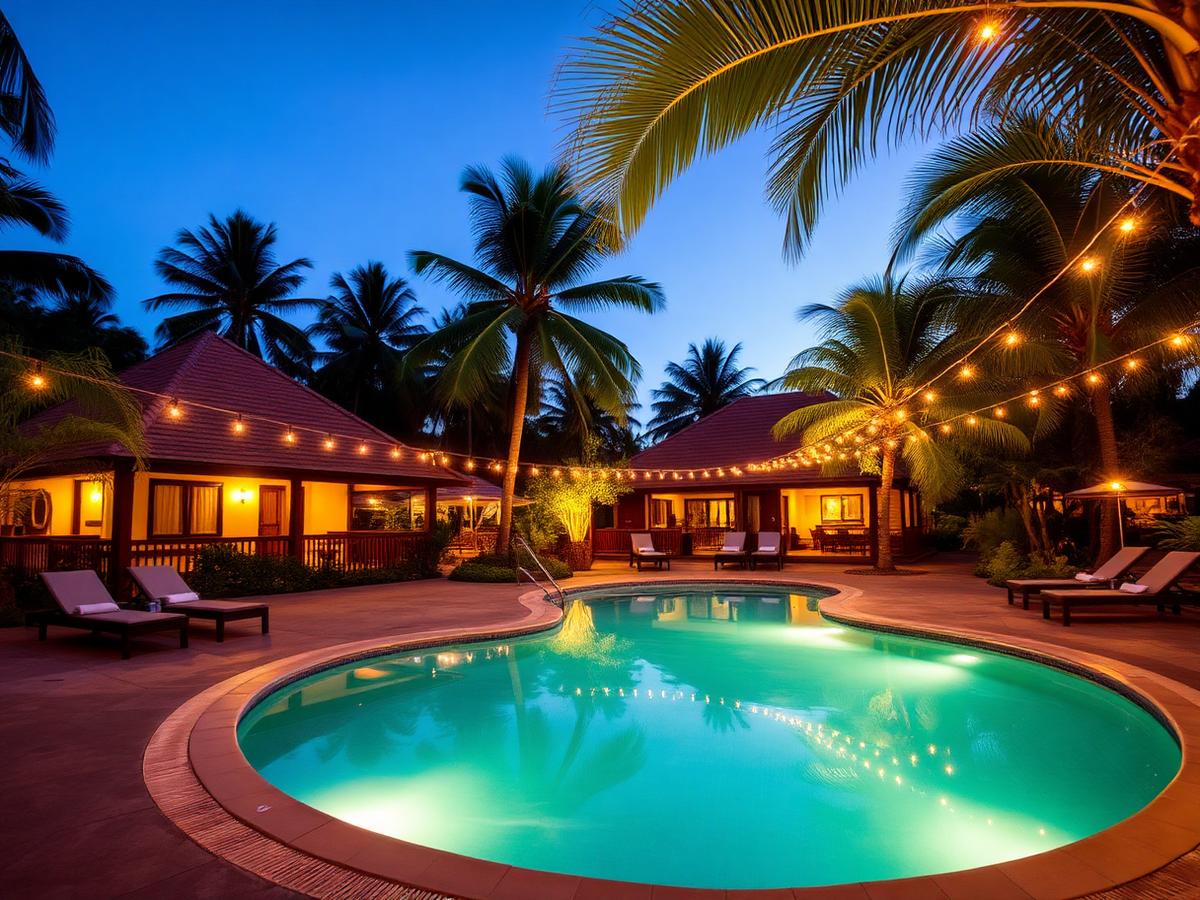 Área de lazer com piscina da Suíte do Boto ao anoitecer